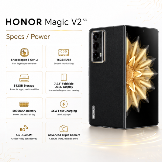 Black foldable phone with rear triple-camera module and unfolded OLED screen showing gold flower.