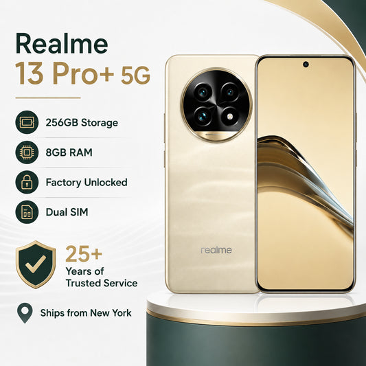 Realme 13 Pro Plus 5G Gold smartphone front and back standing on pedestal, dual rear camera array shown