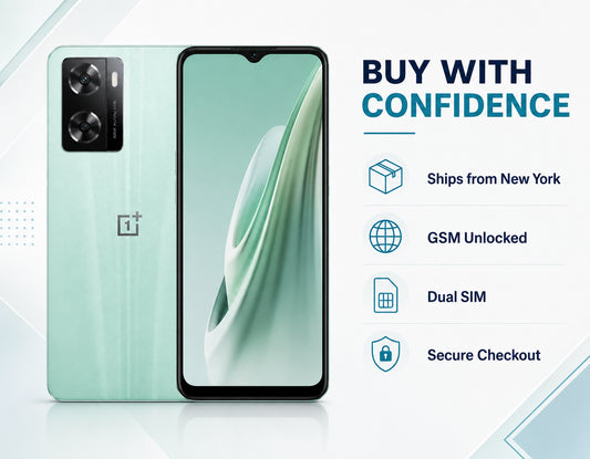 OnePlus Nord N20 SE Mint smartphone front and back with dual rear cameras and glass display