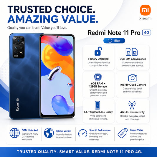 Star Blue Xiaomi Redmi Note 11 Pro 4G smartphone front and rear views with camera