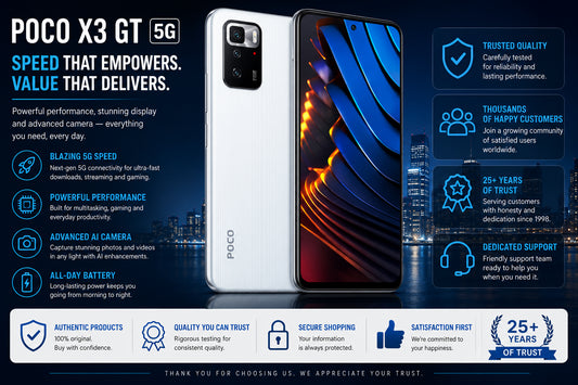 Cloud White Poco smartphone shown front and back, with dual rear cameras