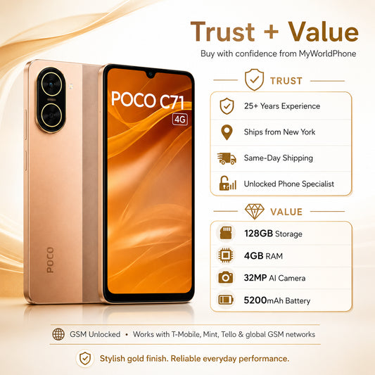 Xiaomi Poco C71 4G Gold smartphone with 4G logo on screen and back view with dual cameras