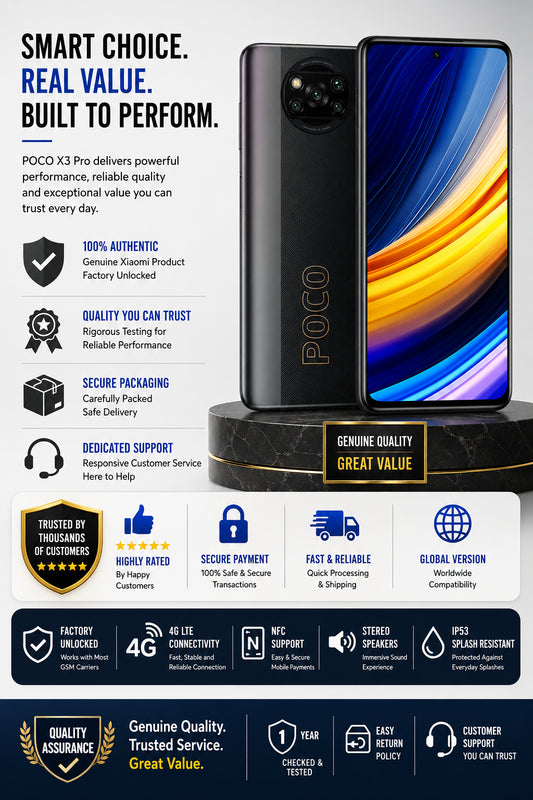 Black Xiaomi Poco X3 Pro smartphone on box, front screen and rear camera cluster
