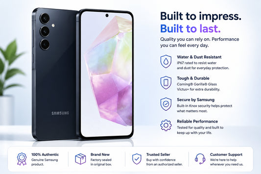 Samsung Galaxy A35 Smartphone front and back beside durability icons on a product feature panel