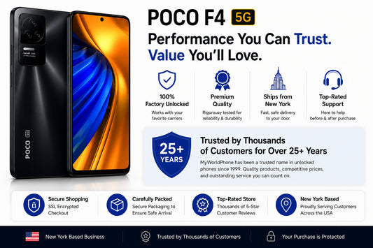 Poco F4 5G smartphone in Night Black with feature graphic and icons