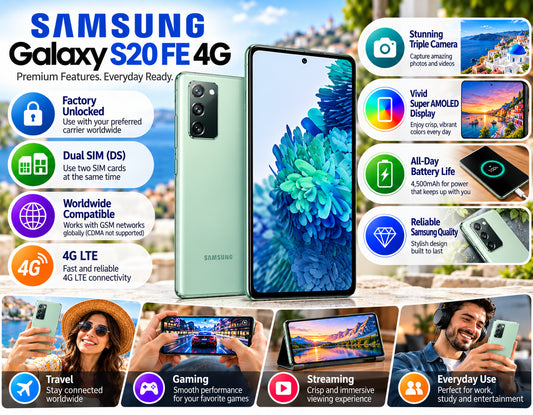 Samsung Galaxy S20 FE 4G phone with Cloud Green back and front display