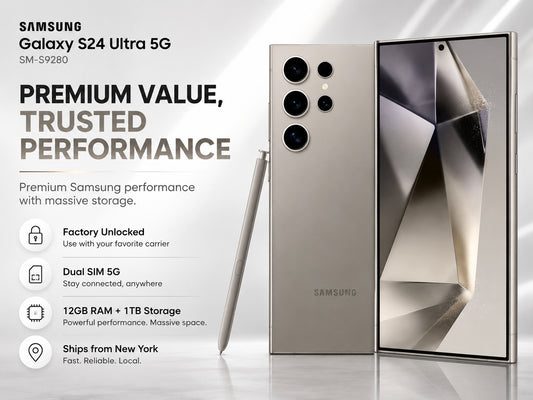 Samsung Galaxy S24 Ultra 5G titanium gray smartphone with S Pen and front/back views