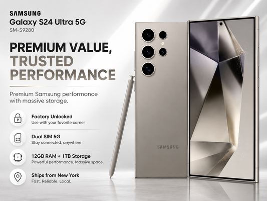 Samsung Galaxy S24 Ultra 5G titanium gray smartphone with S Pen and front/back views