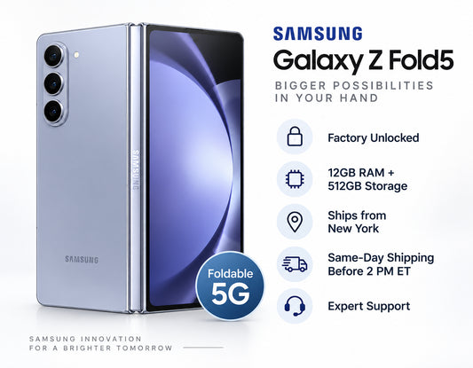 Blue foldable smartphone, Samsung Galaxy Z Fold5 front open and back view