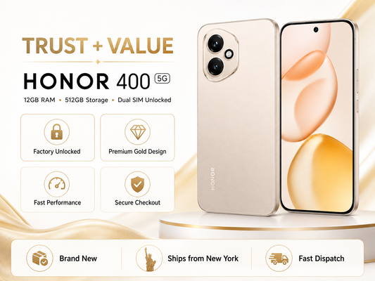 Gold Honor 400 5G smartphone front and back with dual camera module visible.