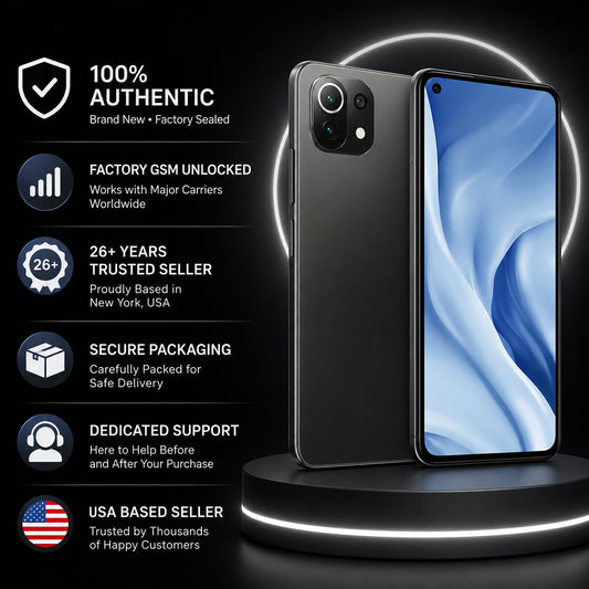 Black Xiaomi smartphone front and back with authenticity and support badges