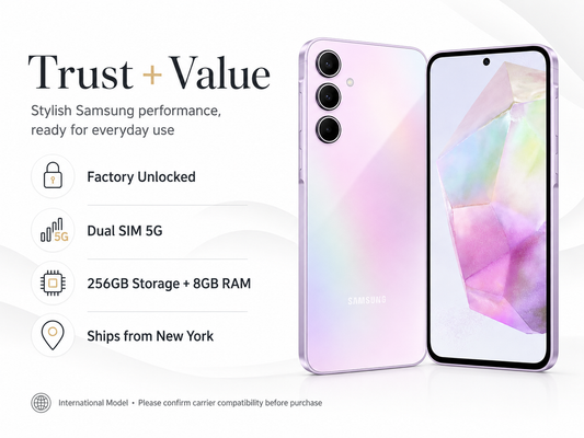 Samsung Galaxy A55 5G smartphone in Awesome Lilac, front and back view
