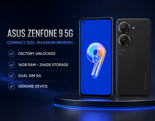 Black Zenfone 9 and blue front phone on display, dual rear cameras visible