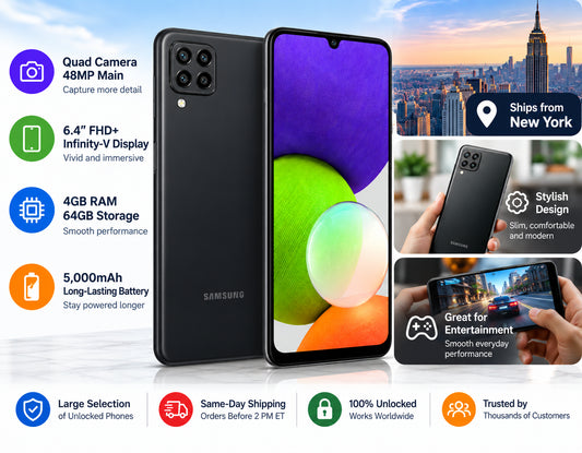 Samsung Galaxy A22 4G Black Samsung smartphone showing front purple display and rear quad camera module