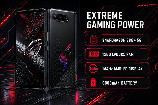 Black ASUS ROG Phone 5S smartphone, front and back displayed beside feature icons