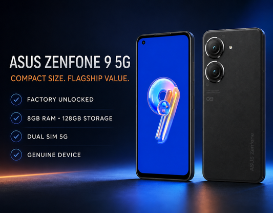 Black ASUS Zenfone 9 5G smartphone with dual rear cameras and front display
