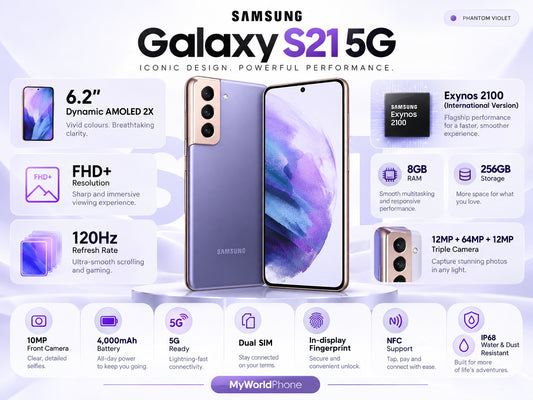 Galaxy S21 5G smartphone, phantom violet back with triple cameras and front screen