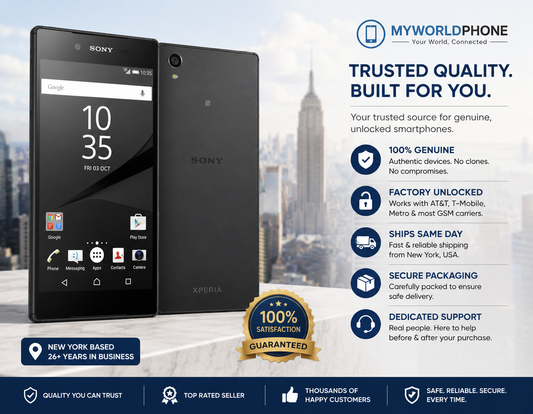 Black Sony Xperia Z5 Premium smartphone, front and rear with dual SIM ports.