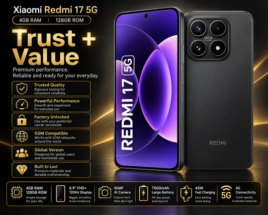 Black Xiaomi Redmi 17 5G smartphone front and back with rear quad-lens camera
