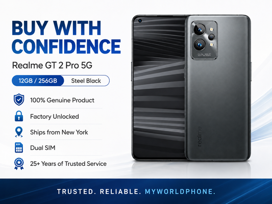 Realme GT 2 Pro 5G Steel black smartphone with front and back panels visible, rear triple-camera array highlighted