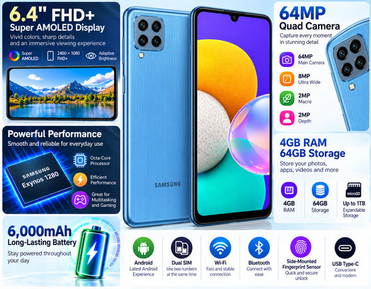 Samsung Galaxy M32 Blue Samsung smartphone front and back view with quad camera array