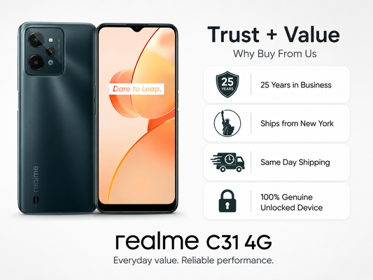 realme C31 4G Dark green realme smartphone shown front and back, screen powered on