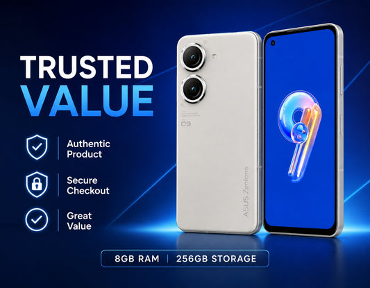 White Asus Zenfone 9 smartphone with blue front display and side angle