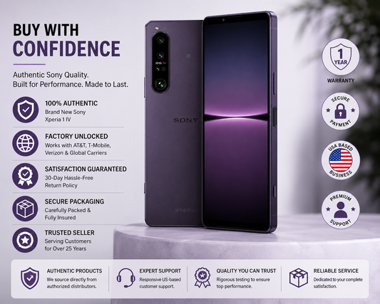 Purple Sony Xperia 1 IV smartphone with dual camera back, front display on
