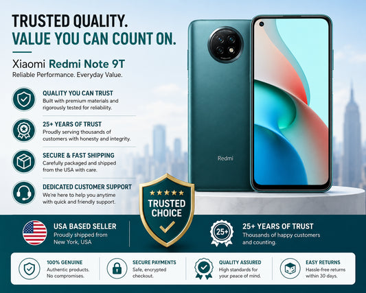 Xiaomi Redmi Note 9T Teal smartphone with dual rear cameras and front display on a round pedestal