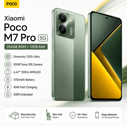 Xiaomi Poco M7 Pro 5G Green smartphone showing front and back, dual rear cameras and AMOLED-style display.