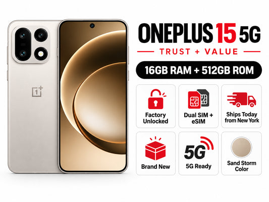 OnePlus 15 5G smartphone front and back in light beige, dual phones shown