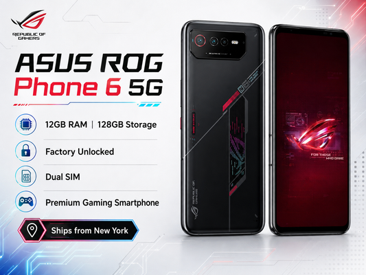 Asus ROG Phone 6 Black gaming smartphone front and back with triple-camera rear module