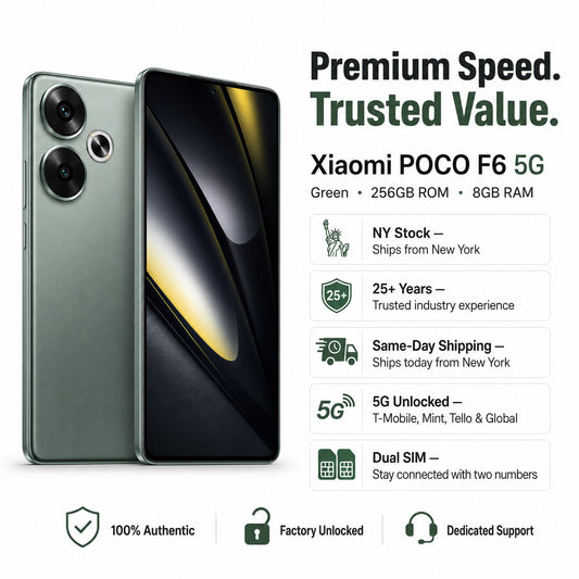 Green Xiaomi POCO F6 5G product graphic showing phone front and back