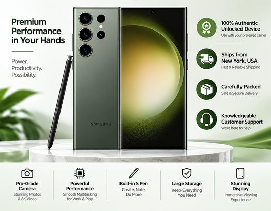 Green Samsung Galaxy S23 Ultra smartphone with S Pen, showing front and back views