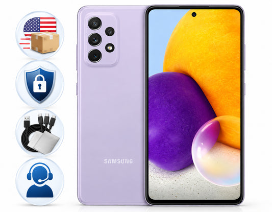 Galaxy A72 smartphone in violet with screen and back shown with accessory icons.