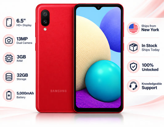 Samsung Galaxy A02 Red smartphone showing front display and back with dual rear cameras