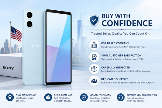 Light blue smartphone front and back view with dual rear cameras and slim bezel.