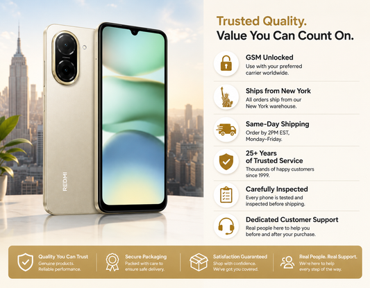 Gold Xiaomi Redmi A5 dual-camera smartphone showing front screen and back on stand
