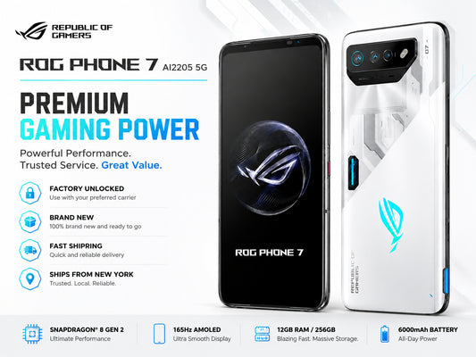 ASUS ROG Phone 7 White and black gaming smartphone front and back views, triple-camera module