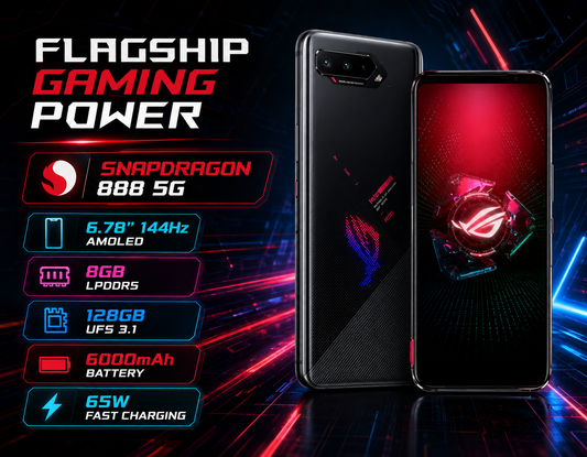 Asus ROG Phone 5 Black gaming smartphone with camera module and front display; patterned back
