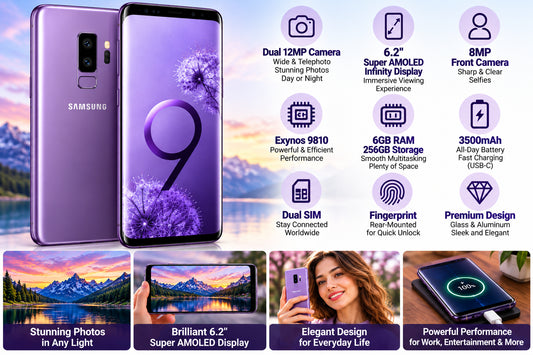Samsung Galaxy S9+ smartphone in lilac purple with front screen and rear panel