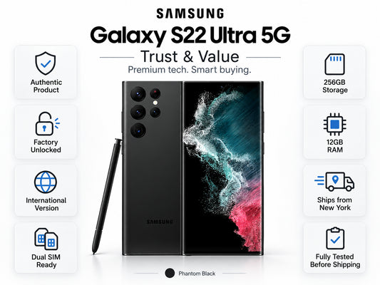 Black Galaxy S22 Ultra 5G phone with S Pen and teal-red abstract display