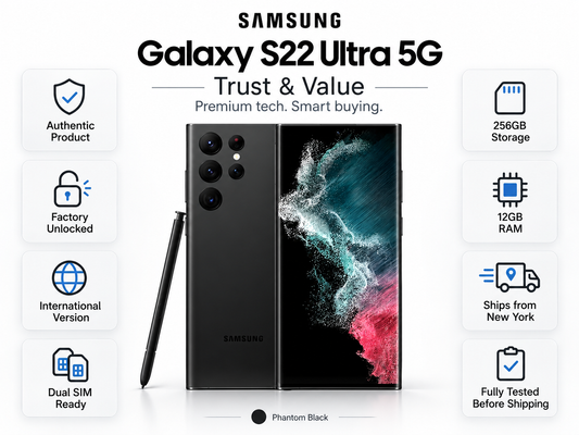 Black Galaxy S22 Ultra 5G phone with S Pen and teal-red abstract display