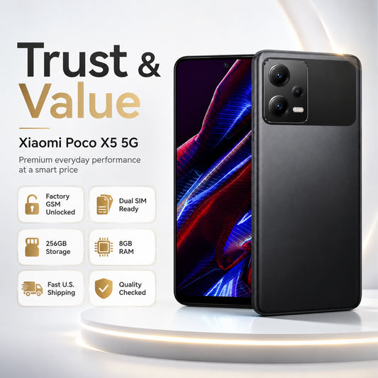 Black Poco X5 5G smartphone, front display and back camera panel