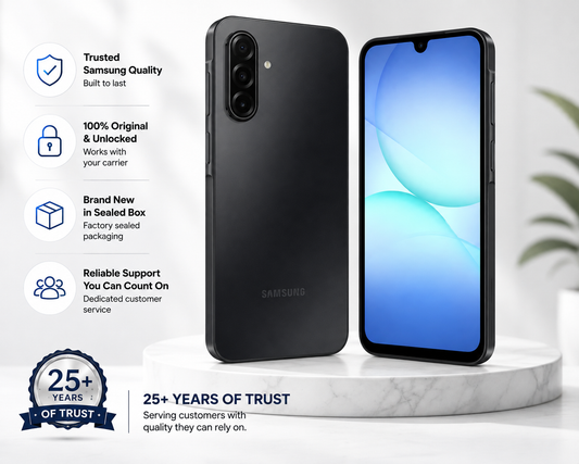 Black Samsung Galaxy A17 smartphone, front display and triple rear cameras visible