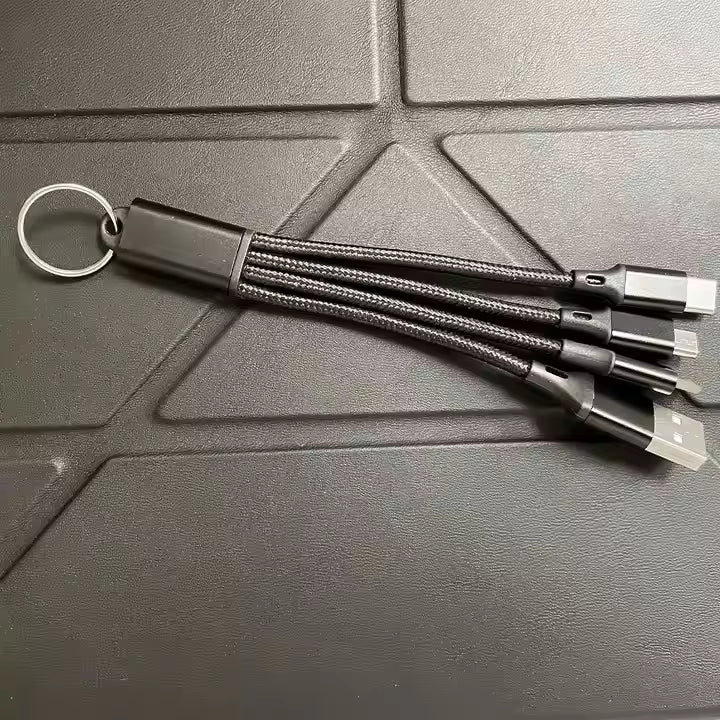 3-in-1 Short Charging Cable for iPhone, USB-C & Micro-USB – 8-Inch Keychain Cord