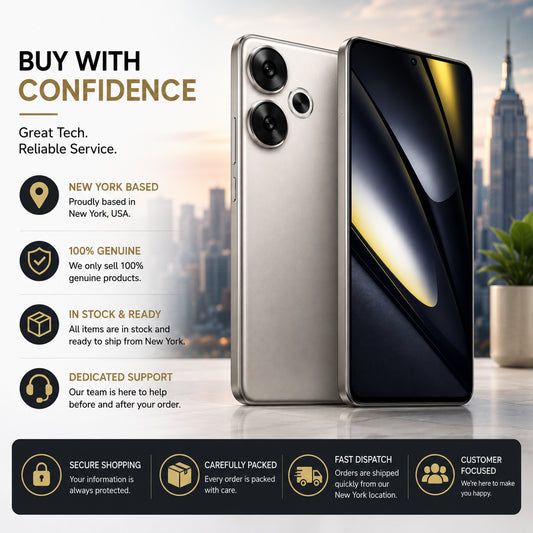 Titanium gray smartphone with dual rear cameras and front display, customer service badge panel