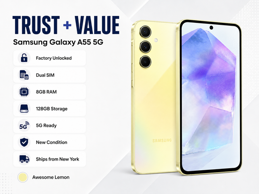 Samsung Galaxy A55 5G smartphone in Awesome Lemon, front and rear