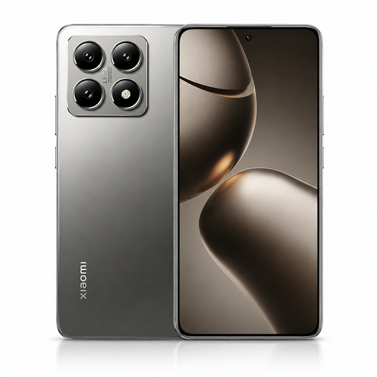 Titan Gray Xiaomi smartphone with back quad cameras and front display on white
