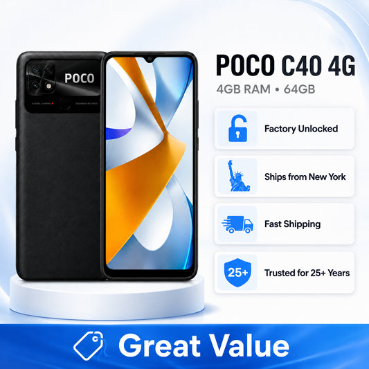 Black Poco C40 4G smartphone front and back with colorful display